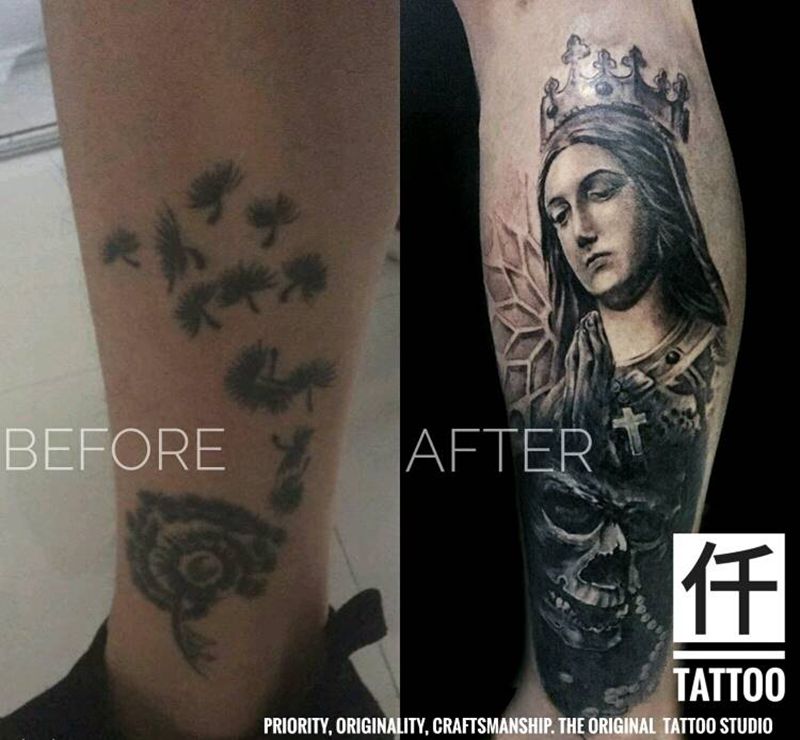 小腿失败纹身遮盖纹身图片_腿部欧美肖像写实人物原创遮盖成品纹身图案