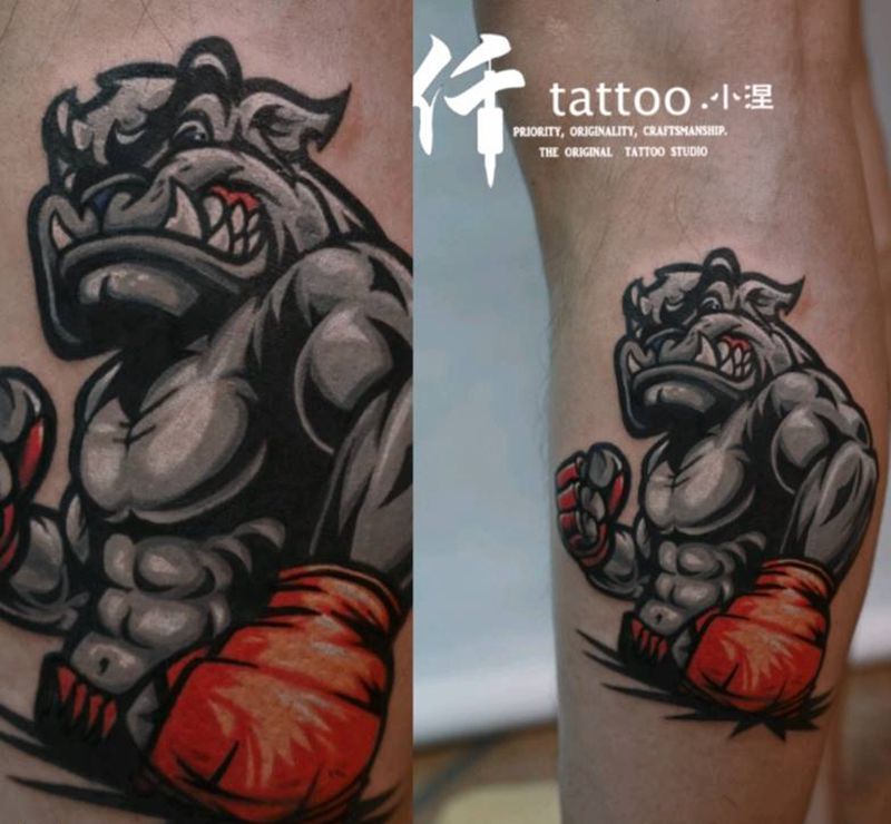 暴力拳击狗纹身图片_手部腿部New School欧美写实狗手套拳击纹身图案