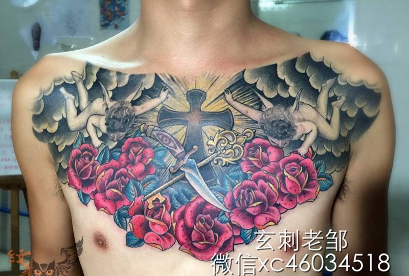 V胸纹身图片_成品胸部欧美植物宗教纹身图案