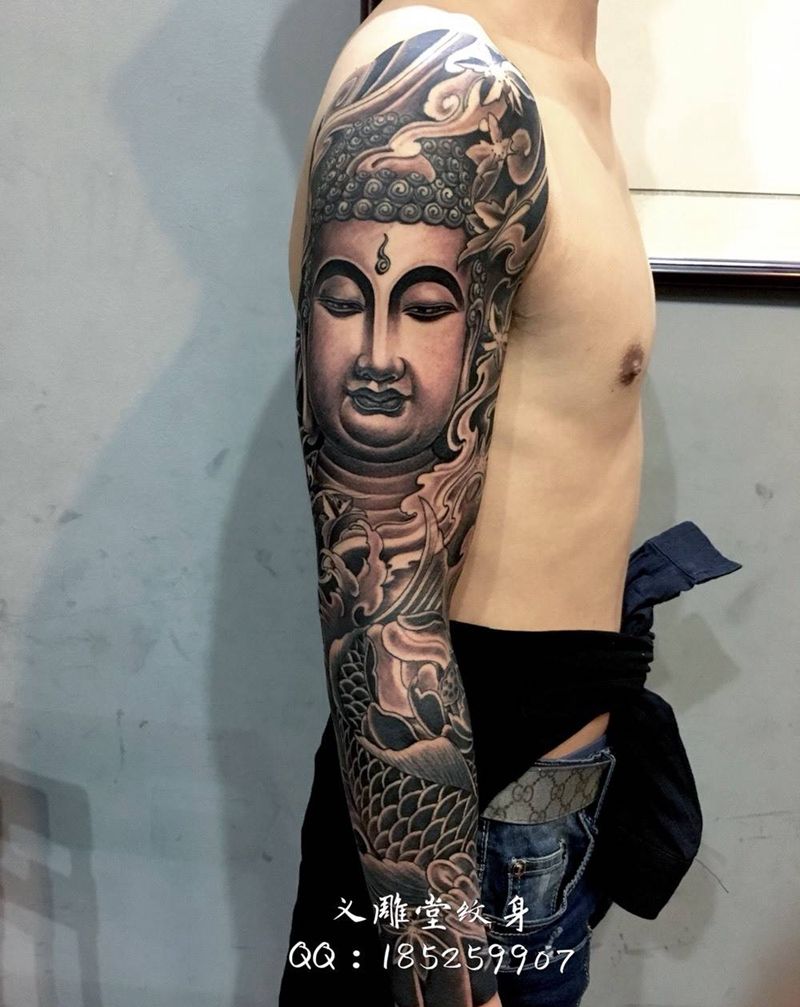 佛鱼花臂纹身纹身图片_传统手臂人物重庆纹身图案