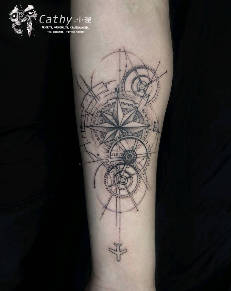 机械罗盘纹身图片_手臂手部点刺New School机械罗盘飞机纹身图案