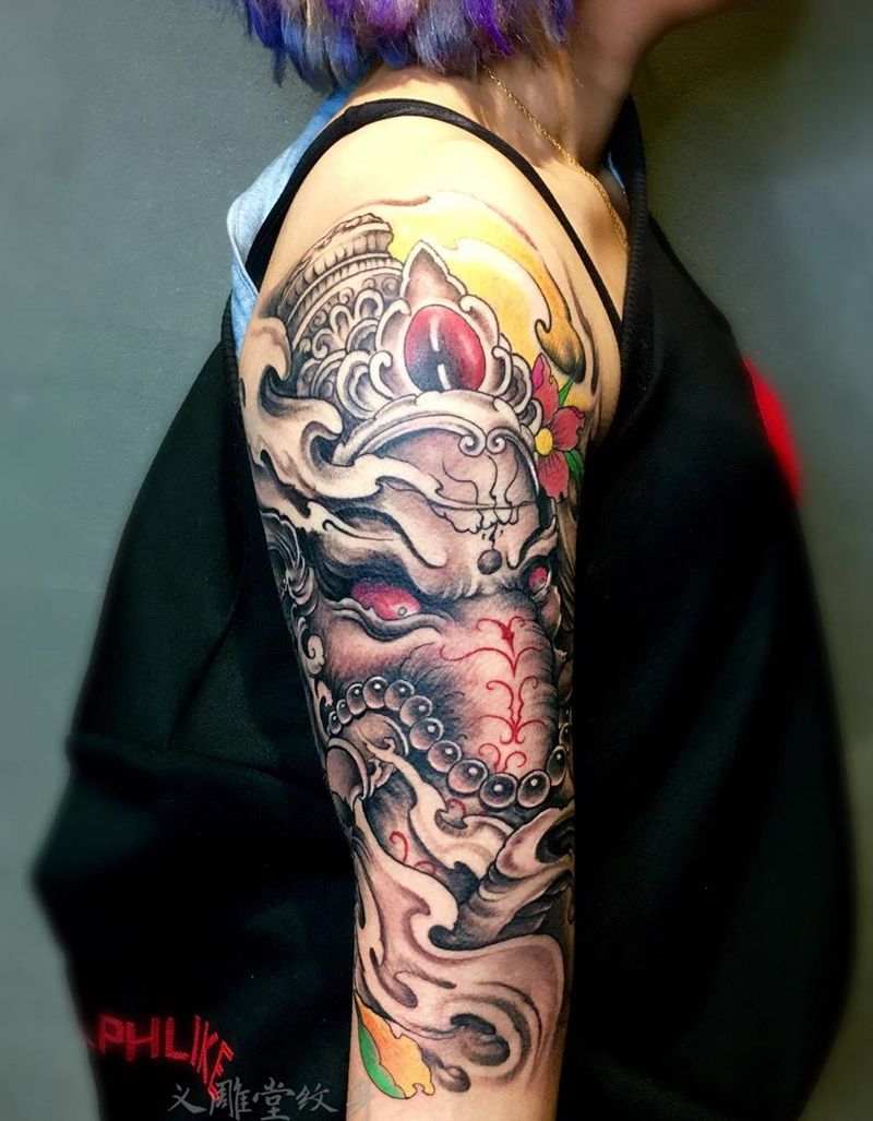 手大臂象神纹身纹身图片_传统手臂成品鬼神重庆纹身图案