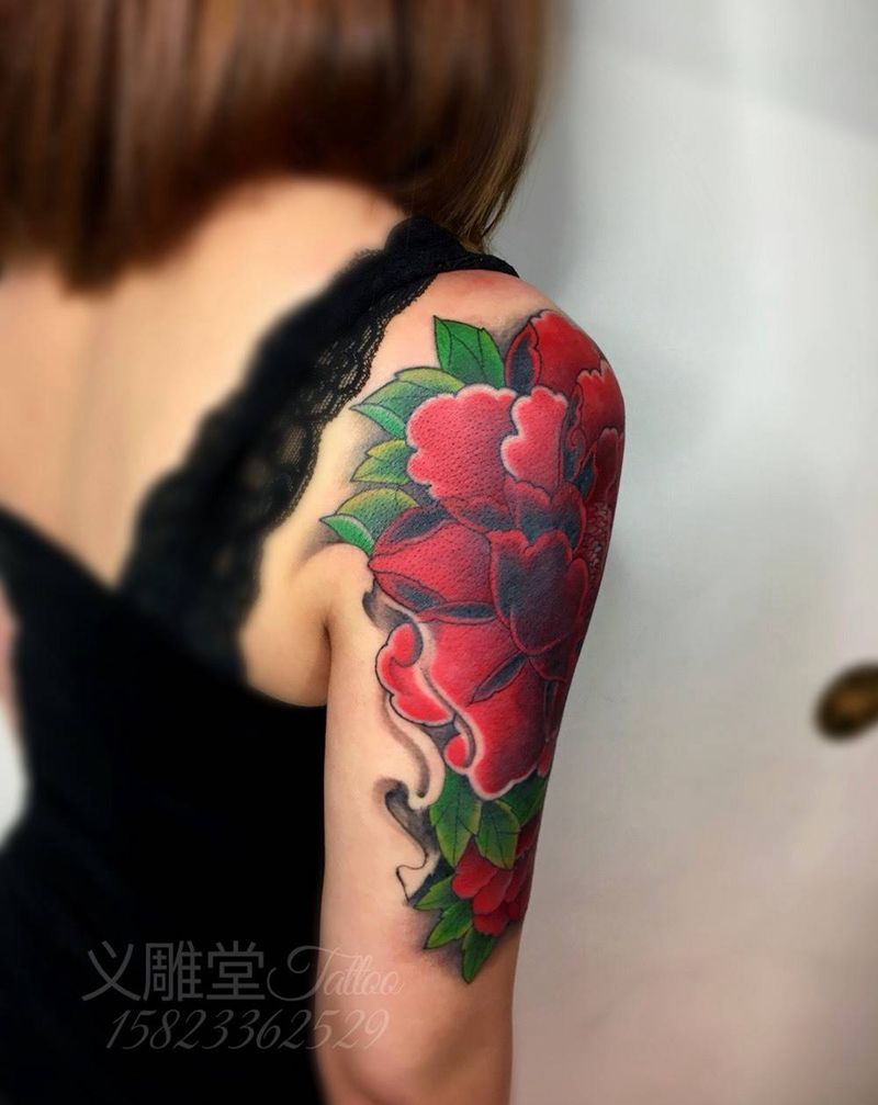 牡丹花遮盖旧纹身纹身图片_手臂欧美国画植物重庆重庆刺青义雕堂图案培训纹身图案