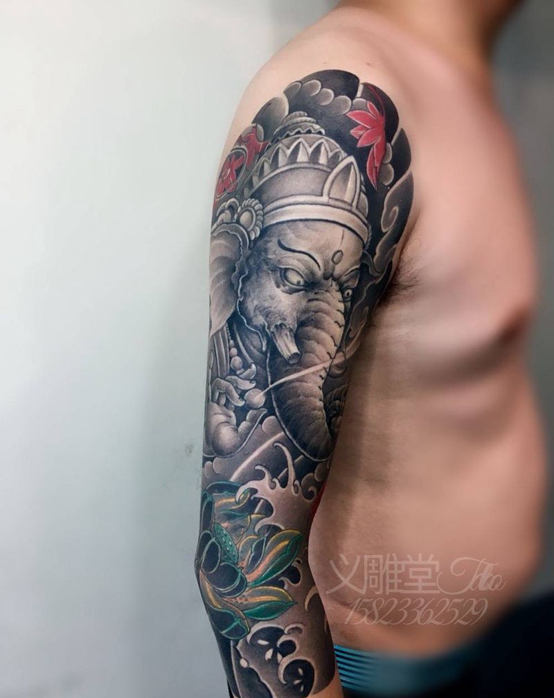 恢复后的象神七分臂纹身纹身图片_手臂传统重庆重庆刺青人物图案老传统刺青纹身图案