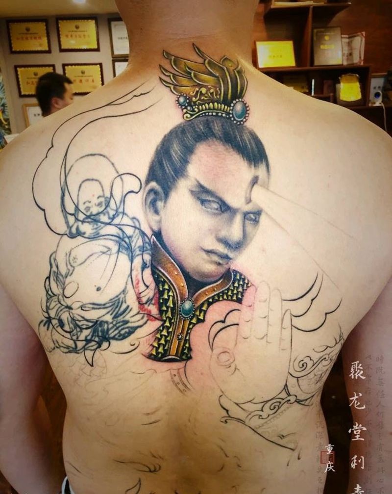 二郎神纹身图片_背部新传统欧美写实纹身图案