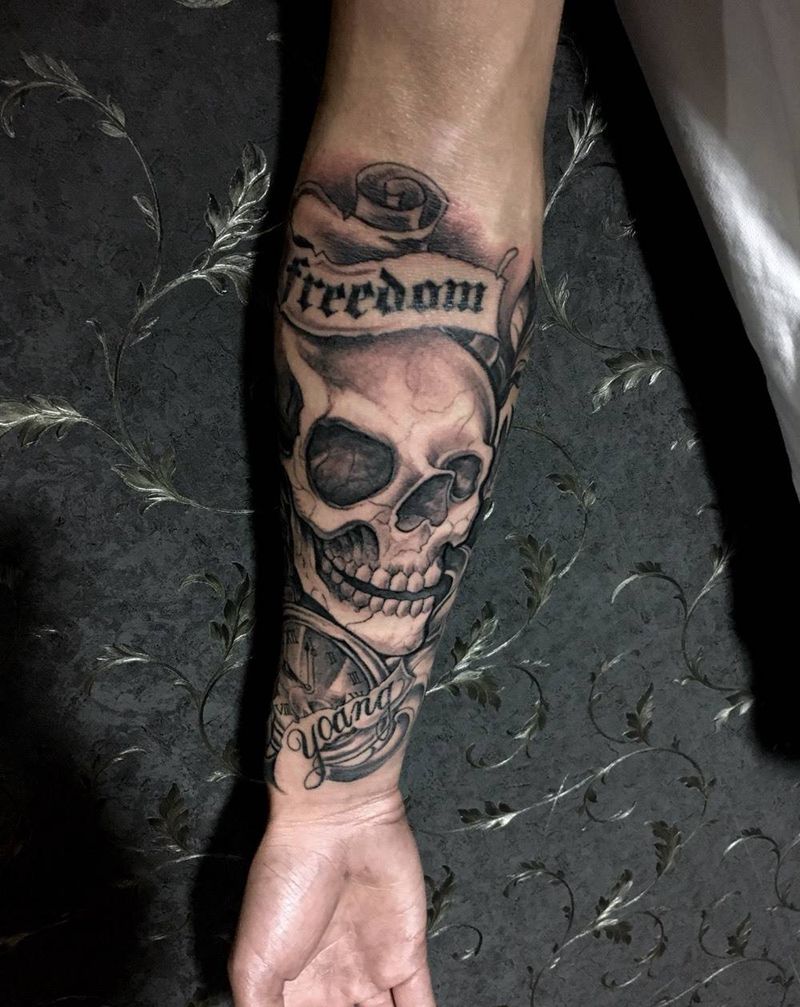 小手臂骷髅头纹身图片_鬼神欧美手臂重庆纹身图案