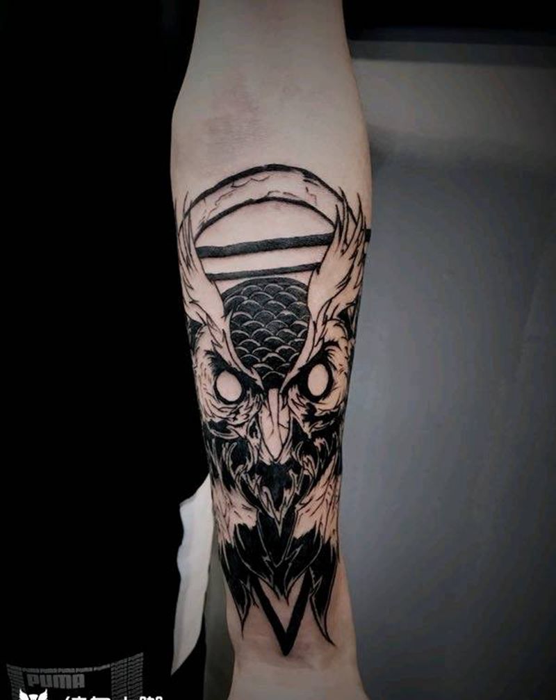 图腾猫头鹰纹身图片_手臂图腾猫头鹰暗黑纹身图案