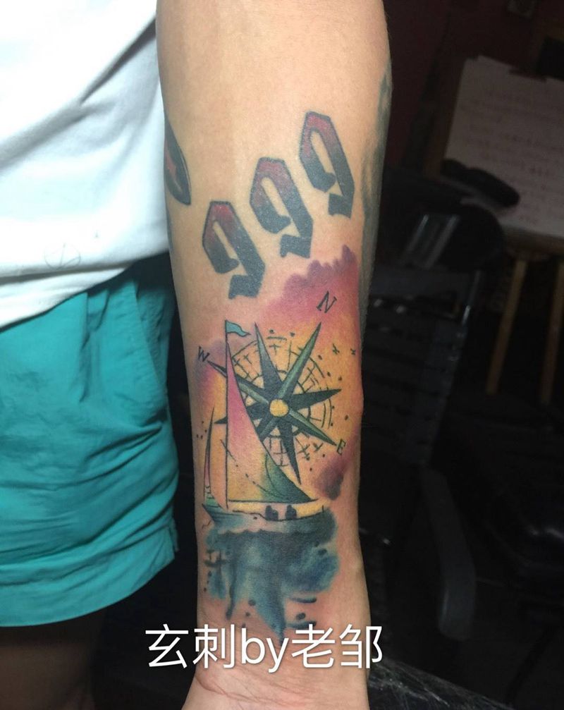 水彩帆船纹身图片