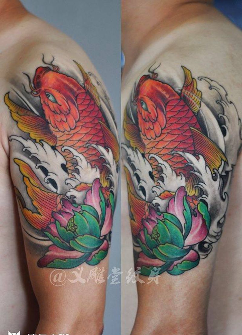 手臂鲤鱼恢复后纹身图片_手臂传统重庆纹身图案
