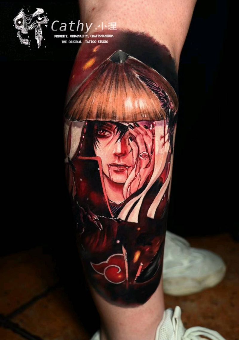 火影题材包小腿纹身图片_脚部New School欧美写实动漫火影鼬纹身图案