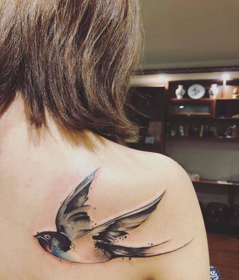 燕子纹身图片_肩部水彩水墨纹身图案