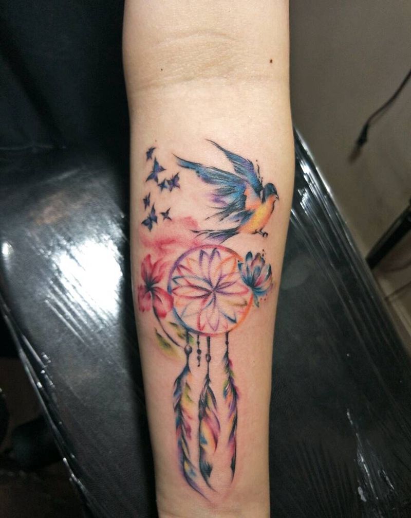 小臂泼墨风格捕梦网纹身纹身图片_肩部胸部腹部背部手臂腿部脚部欧美清新成品纹身图案