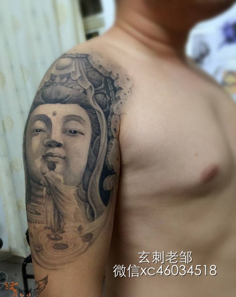 步步莲花纹身图片_成品手臂写实宗教人物纹身图案