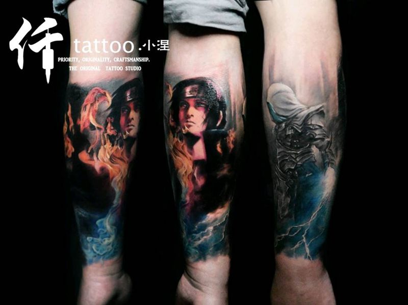 宇智波鼬加刺客信条纹身图片_手部手臂欧美写实鼬刺客插画纹身图案