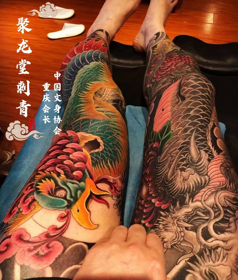 龙凤花腿纹身图片_腿部老传统新传统纹身图案