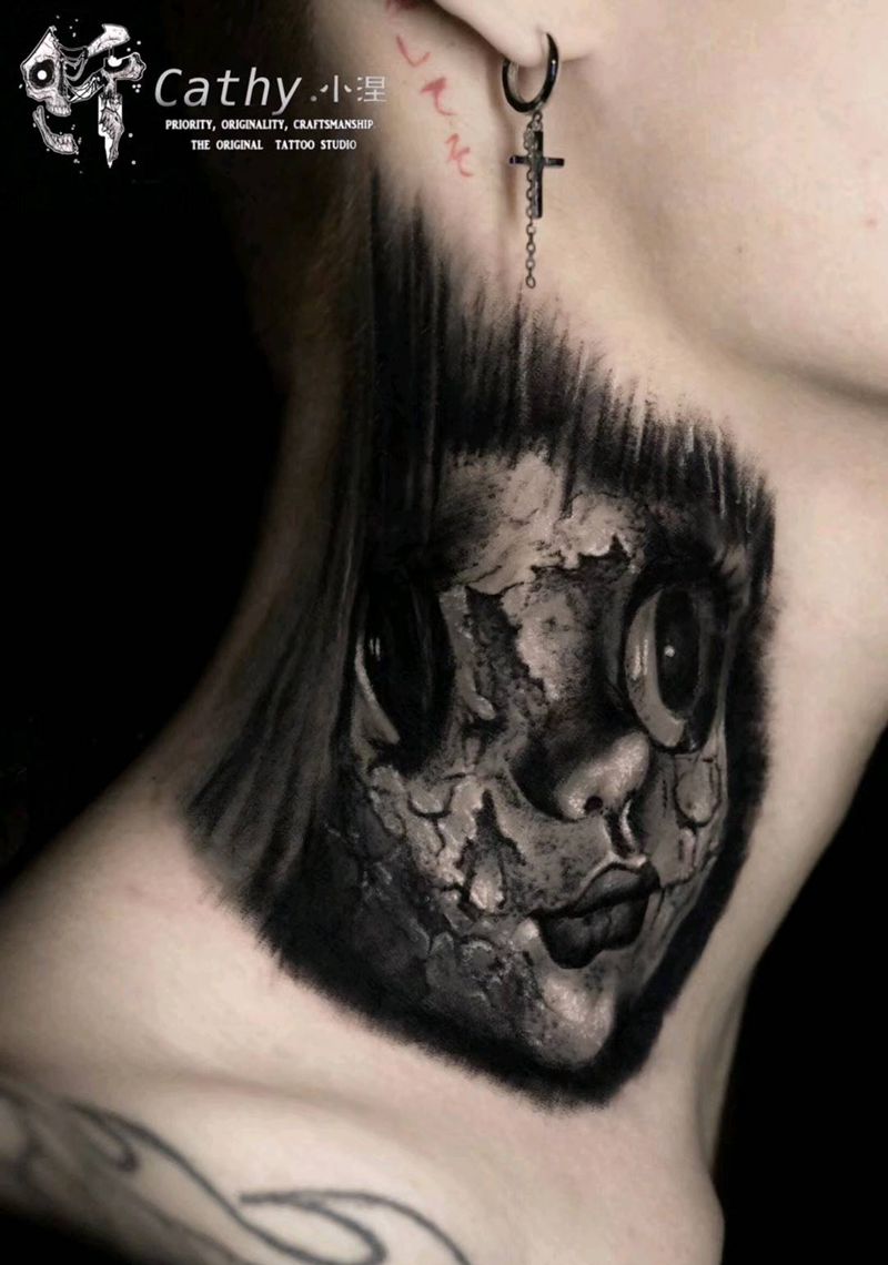 暗黑爆脖子纹身图片_颈部New School欧美写实暗黑血腥仟纹身图案