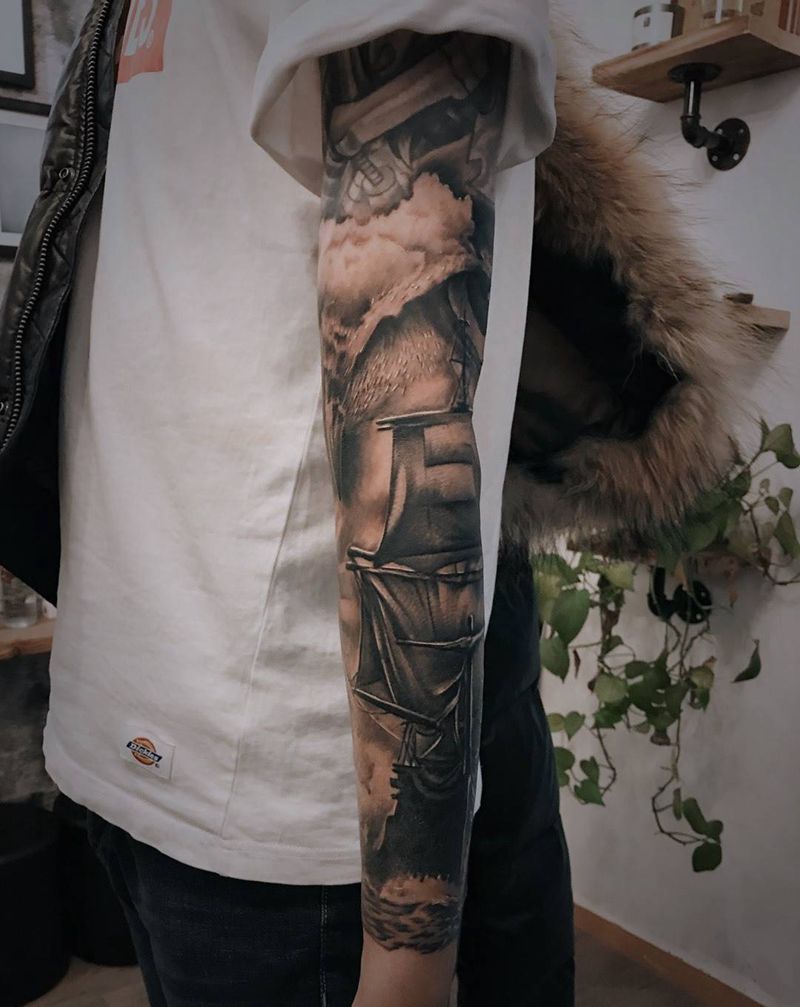 猫头鹰帆船花臂根作品纹身图片手臂欧美写实帆船猫头鹰纹身图案