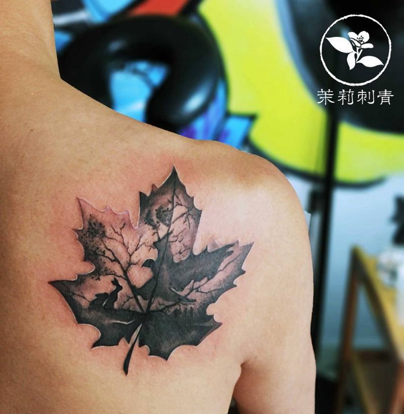 枫叶纹身图片_成品肩部清新欧美纹身图案