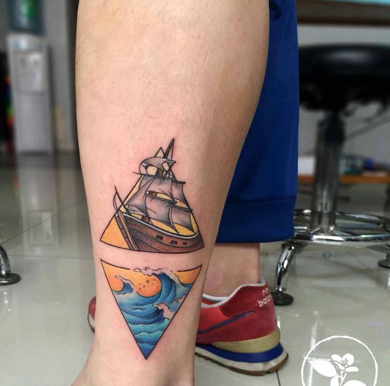 船与浪纹身图片_成品手稿腿部清新原创纹身图案