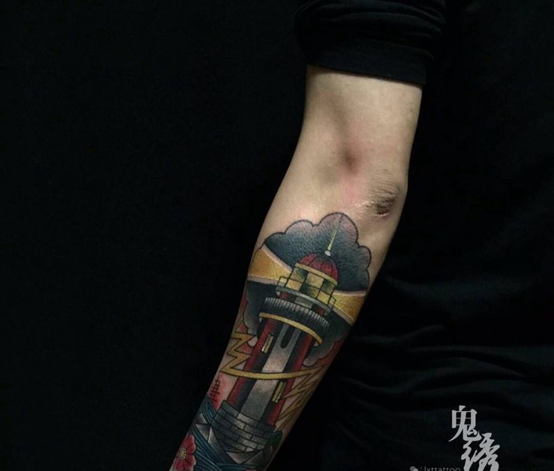 old school灯塔纹身图片_成品手臂欧美静物刺青纹身图案