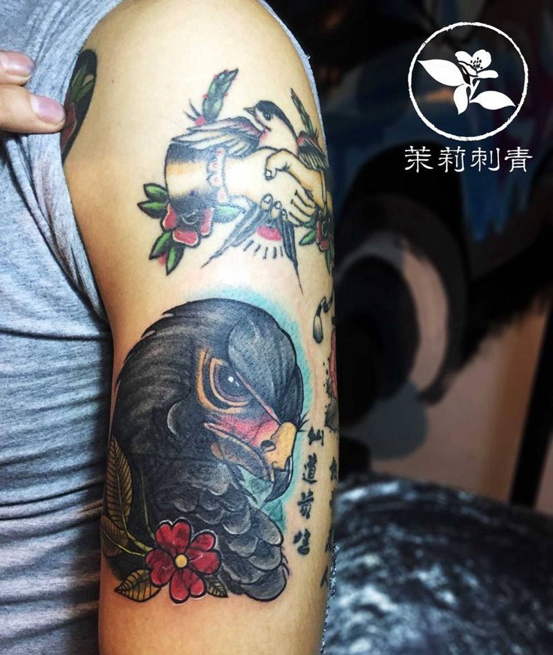 new school 鹰头遮盖纹身图片_成品手稿手臂欧美动物纹身图案