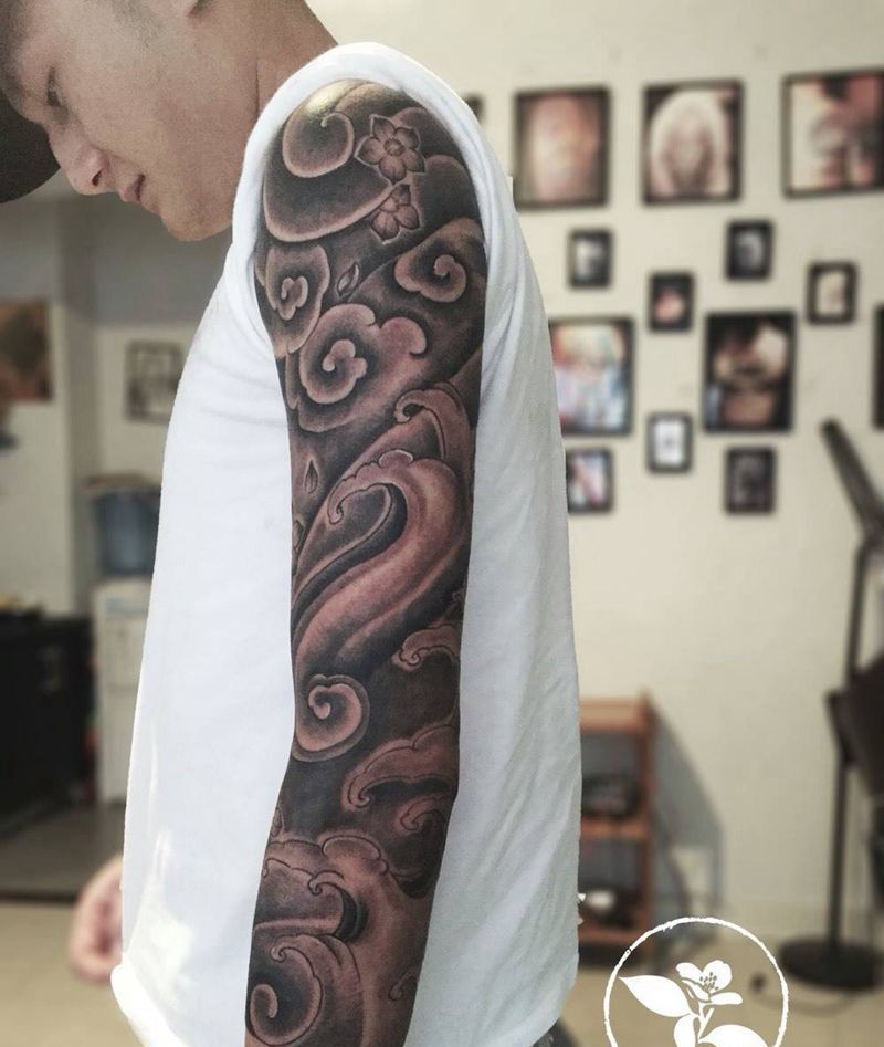 浪花7分袖纹身图片_手稿成品手臂欧美原创黑灰纹身图案