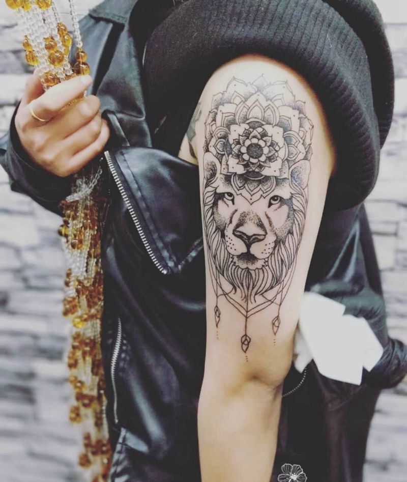 点刺狮子纹身图片_手臂成品清新动物纹身图案