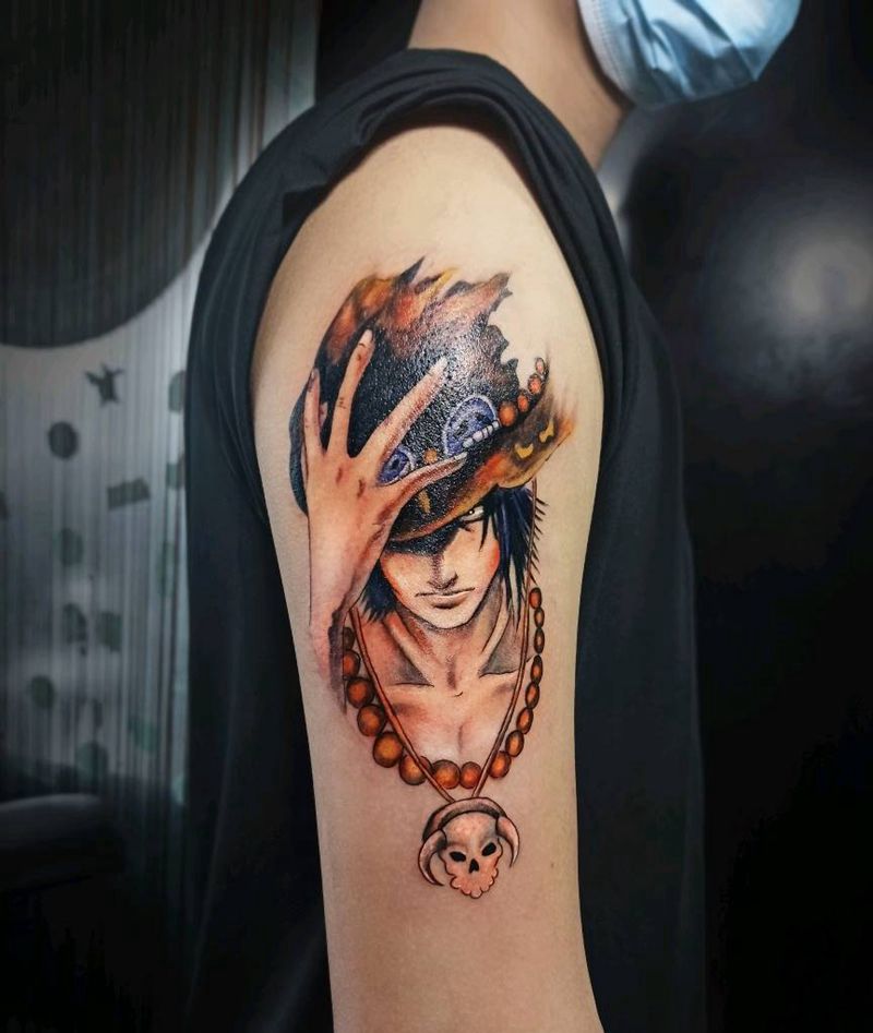 艾斯纹身图片_手臂水彩海贼王艾斯彩色艾斯纹身图案