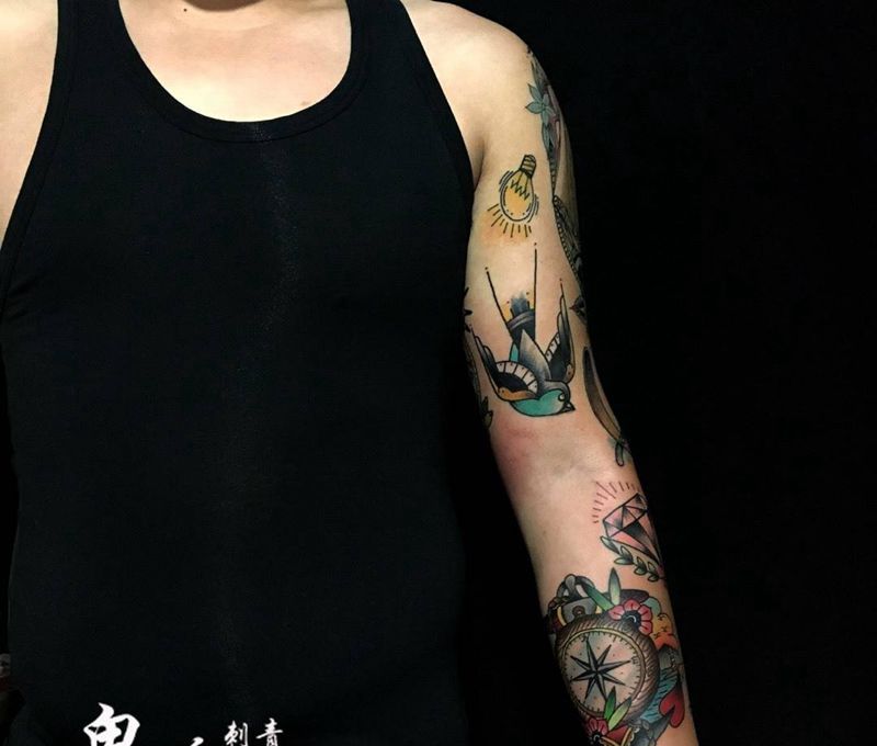 old school花臂纹身图片_成品手臂欧美静物动物原创刺青纹身图案