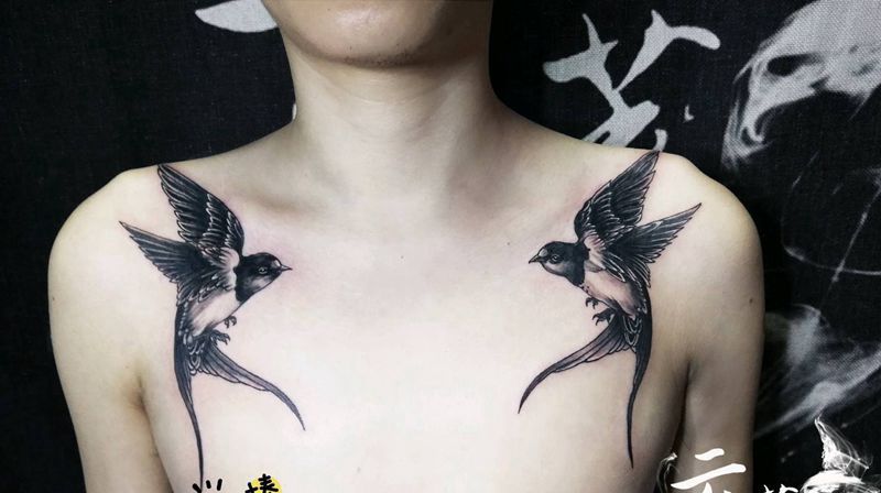 小燕几纹身图片_胸部欧美动物成品纹身图案
