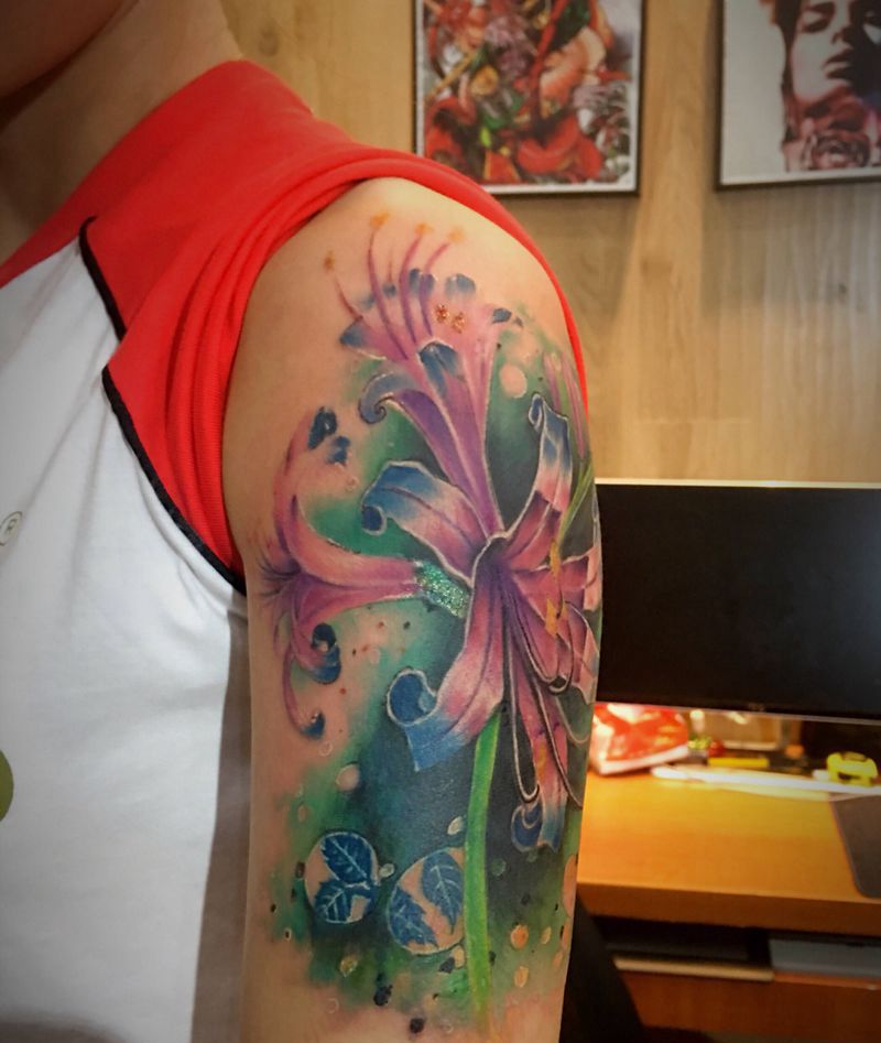 彼岸花遮盖作品纹身图片_刺青匠重庆重庆店成品手臂静物植物纹身图案