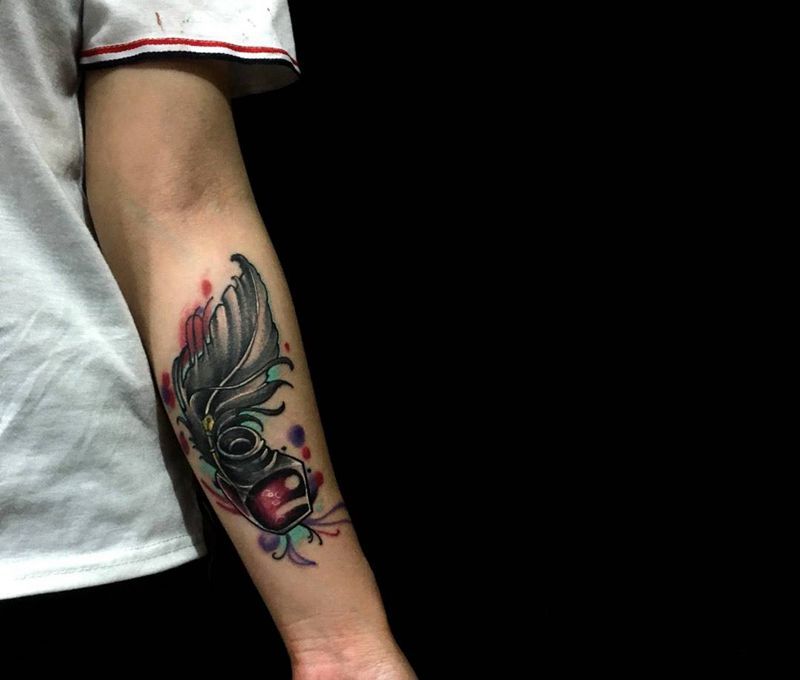 羽毛笔纹身图片_成品手臂欧美静物刺青纹身图案