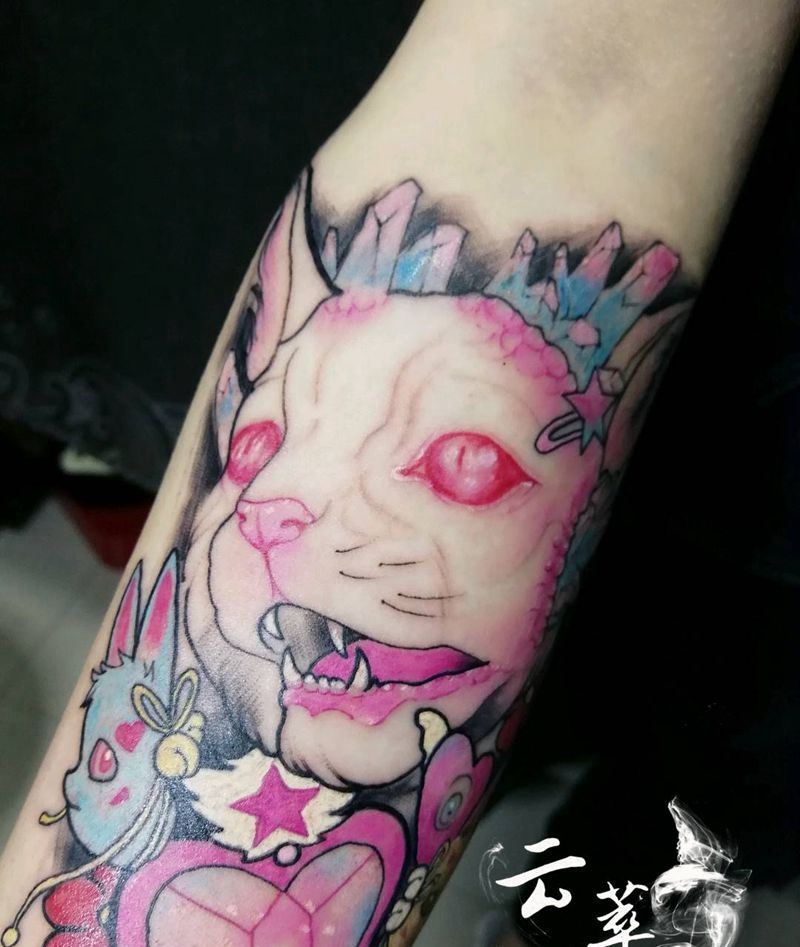 猫猫纹身图片_手部欧美动物成品纹身图案