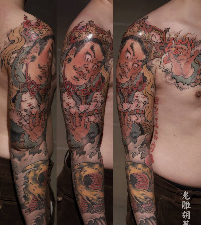 接图广目天王纹身图片_手部新传统水墨中国风纹身图案