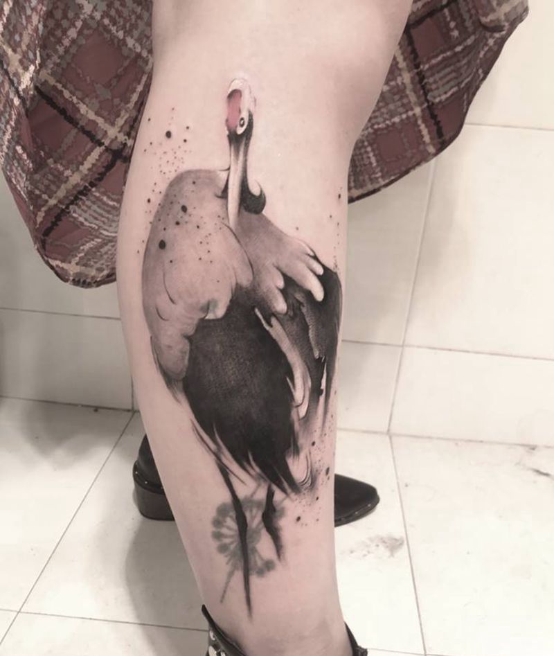 仙鹤纹身图片_腿部水墨纹身图案