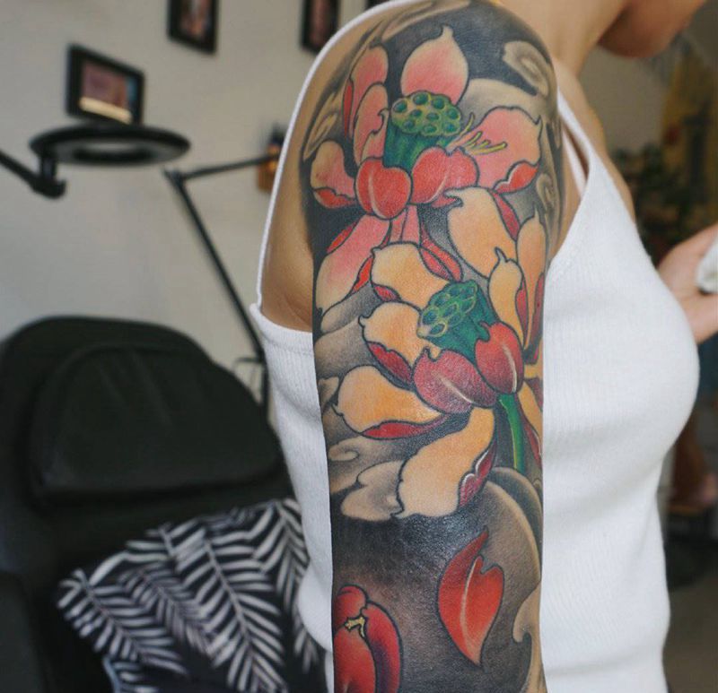 莲花花臂纹身图片_手臂花臂莲花纹身图案