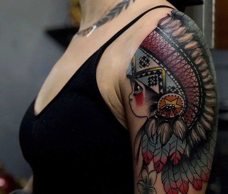 印第安女郎纹身图片_手臂New School鬼绣文化纹身图案