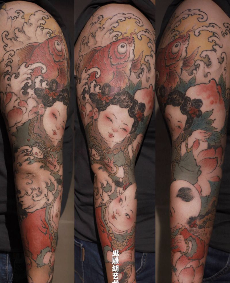 金玉满堂纹身图片_手臂水墨新传统中国风人物纹身图案