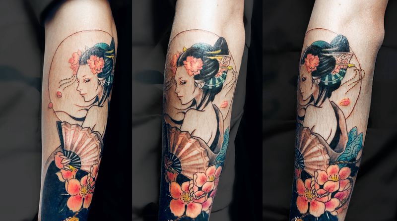 传统彩色艺妓纹身图片_手臂老传统纹身图案