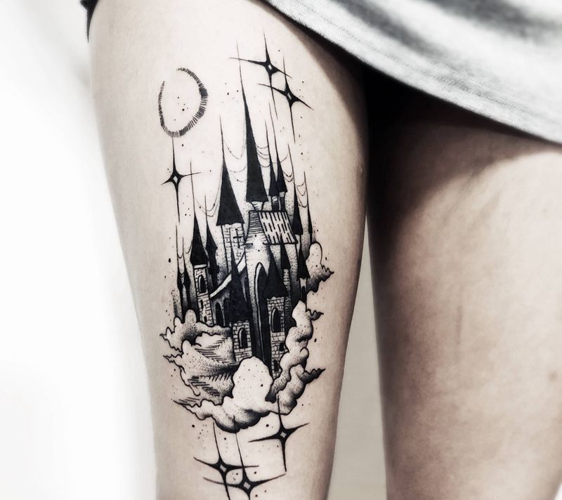 城堡纹身图片_腿部点刺Old School纹身图案