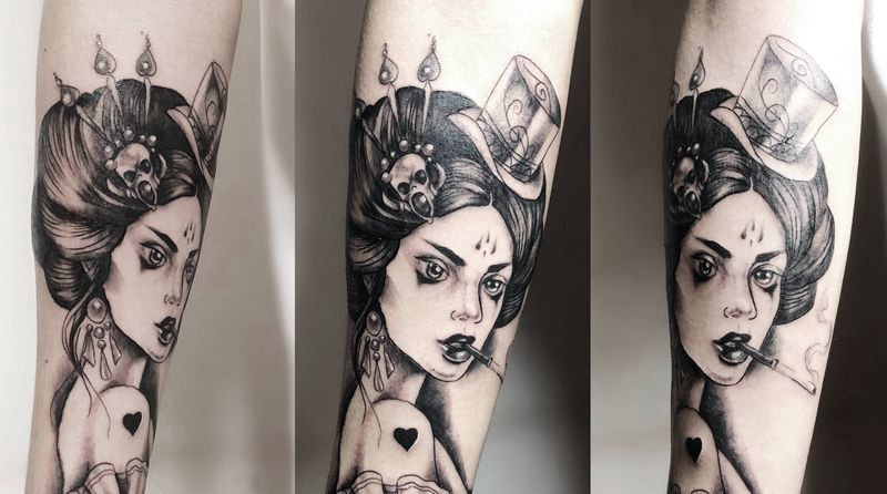 抽烟的艺妓纹身图片_手臂Old School纹身图案