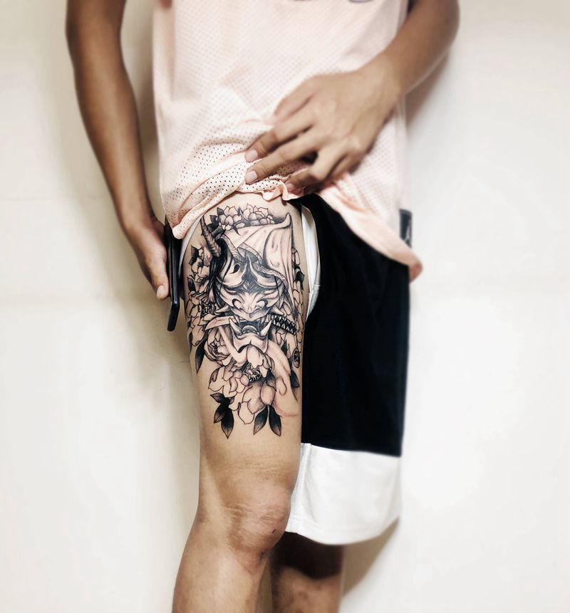 般若纹身图片_腿部老传统纹身图案