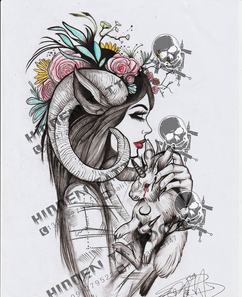 摩羯兔子纹身图片_手臂摩羯座兔子暗黑纹身图案