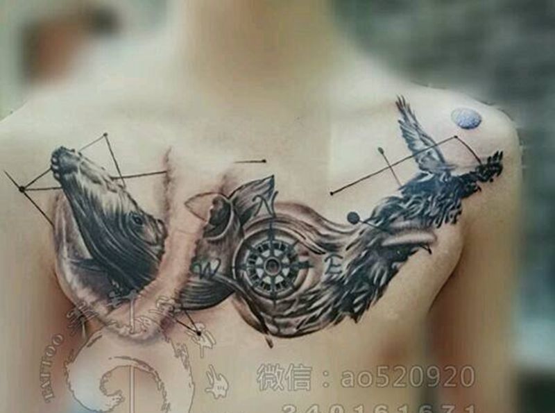 鲸鱼和鹰花胸纹身图片