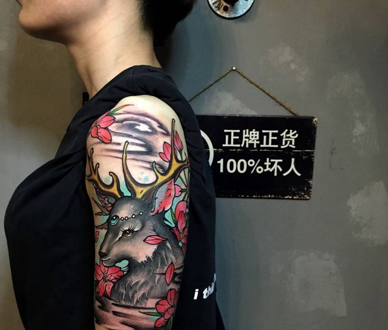 鹿纹身图片_成品手臂传统动物刺青鬼绣作品纹身图案