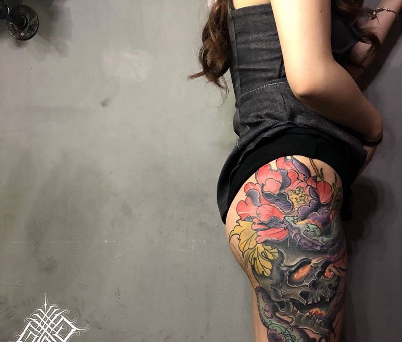 骷髅纹身图片_成品腿部欧美原创鬼绣动物纹身图案