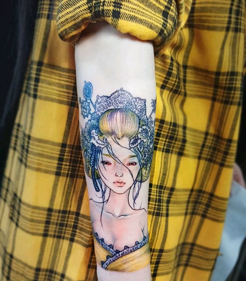 彩色艺妓纹身图片_新传统老传统纹身图案