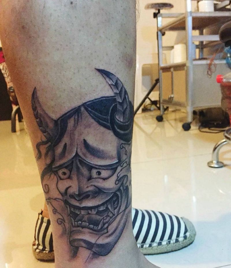 般若纹身图片_成品腿部传统鬼神纹身图案