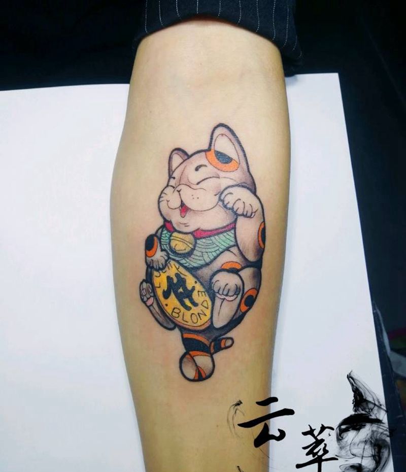 招财猫纹身图片_手臂New School纹身图案