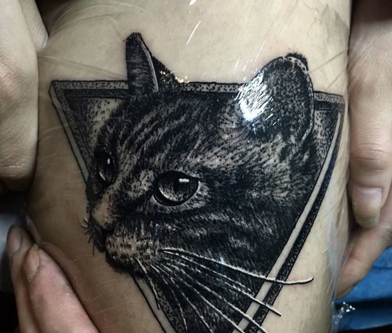 点刺猫纹身图片_成品腿部清新欧美动物原创刺青点刺鬼绣作品纹身图案